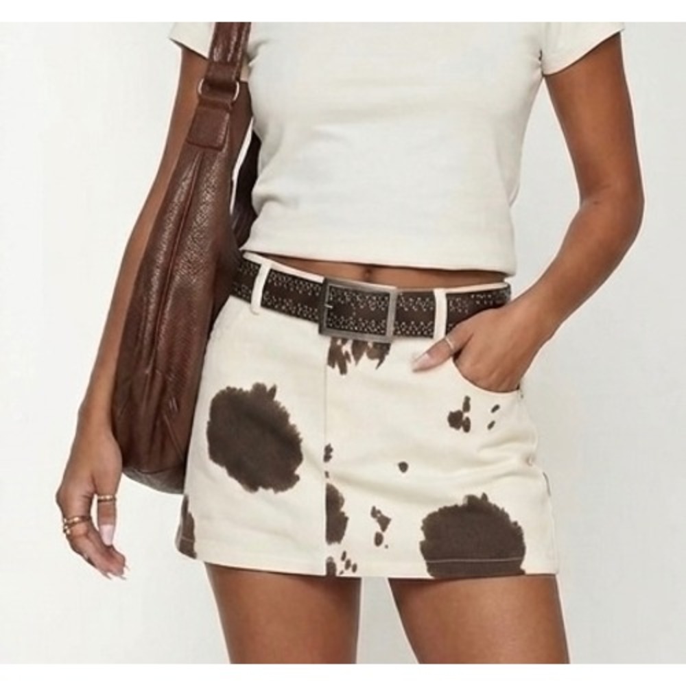 Princess Polly Cow Print Denim Mini Skirt Brown White Western Boho US 2